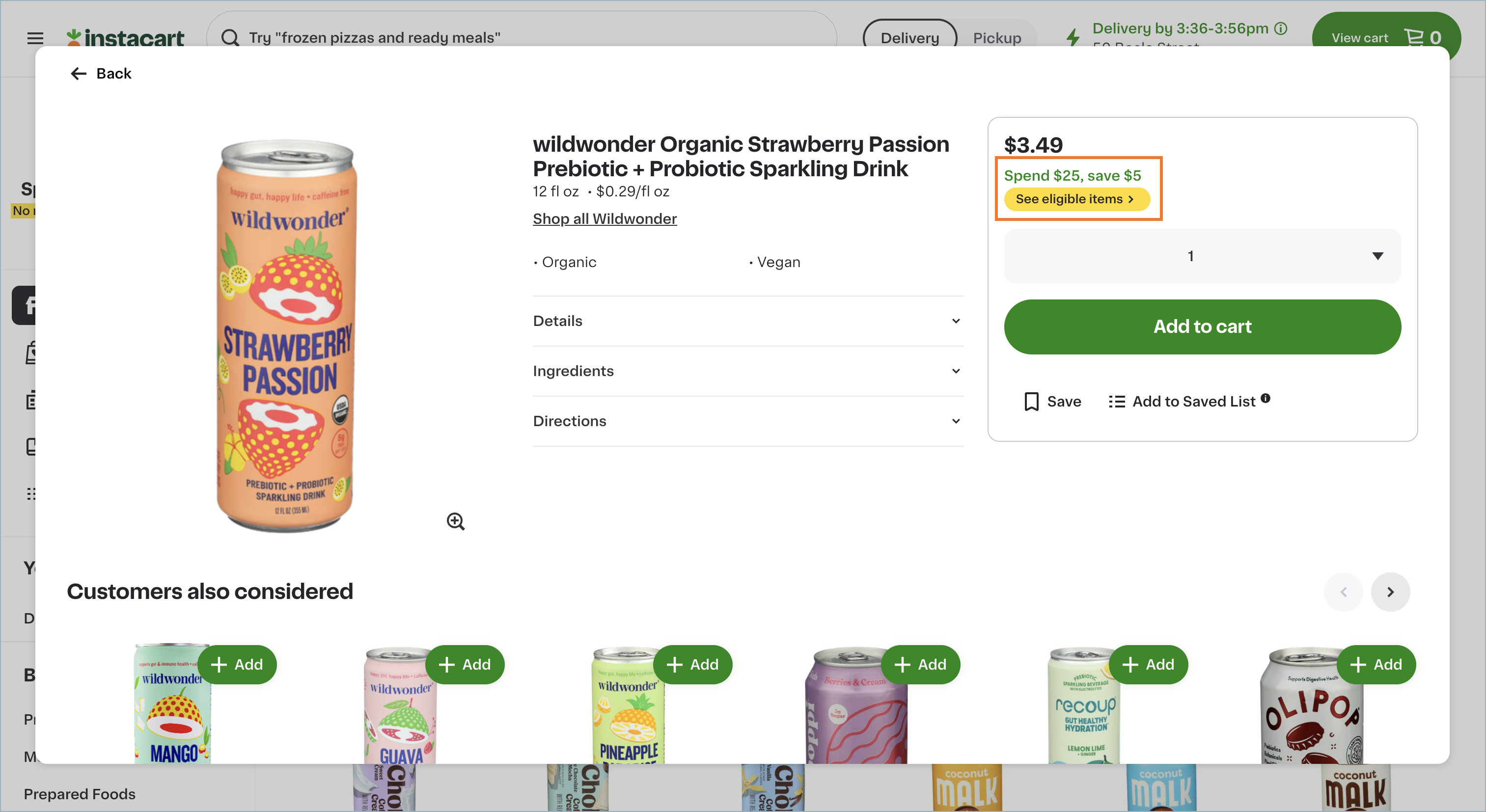 Shows a product page for wildwonder Organic Strawberry Passion Drink. The "Spend $25, save $5" promotion and "See eligible items" button are highlighted with an orange rectangle.